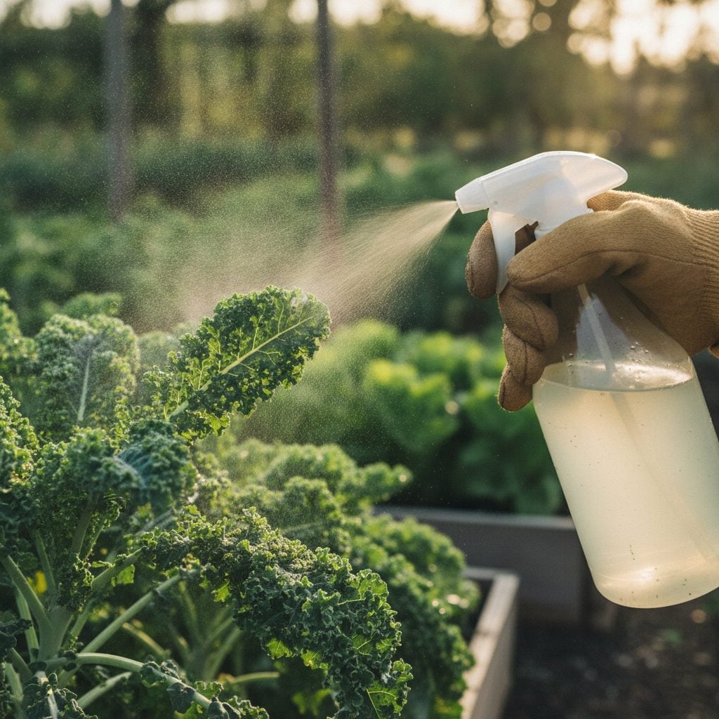 Spray bottle of diluted castile soap being sprayed on aphid-infested kale leaves in a vegetable garden in afternoon light.