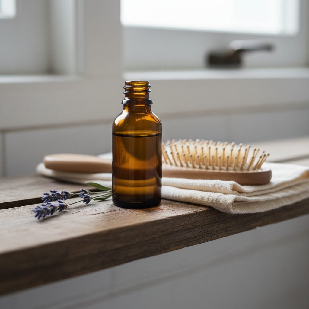 A dark amber glass bottle of golden castor oil on a wooden bathroom shelf beside a wooden hairbrush, a folded cotton flannel cloth, and dried lavender