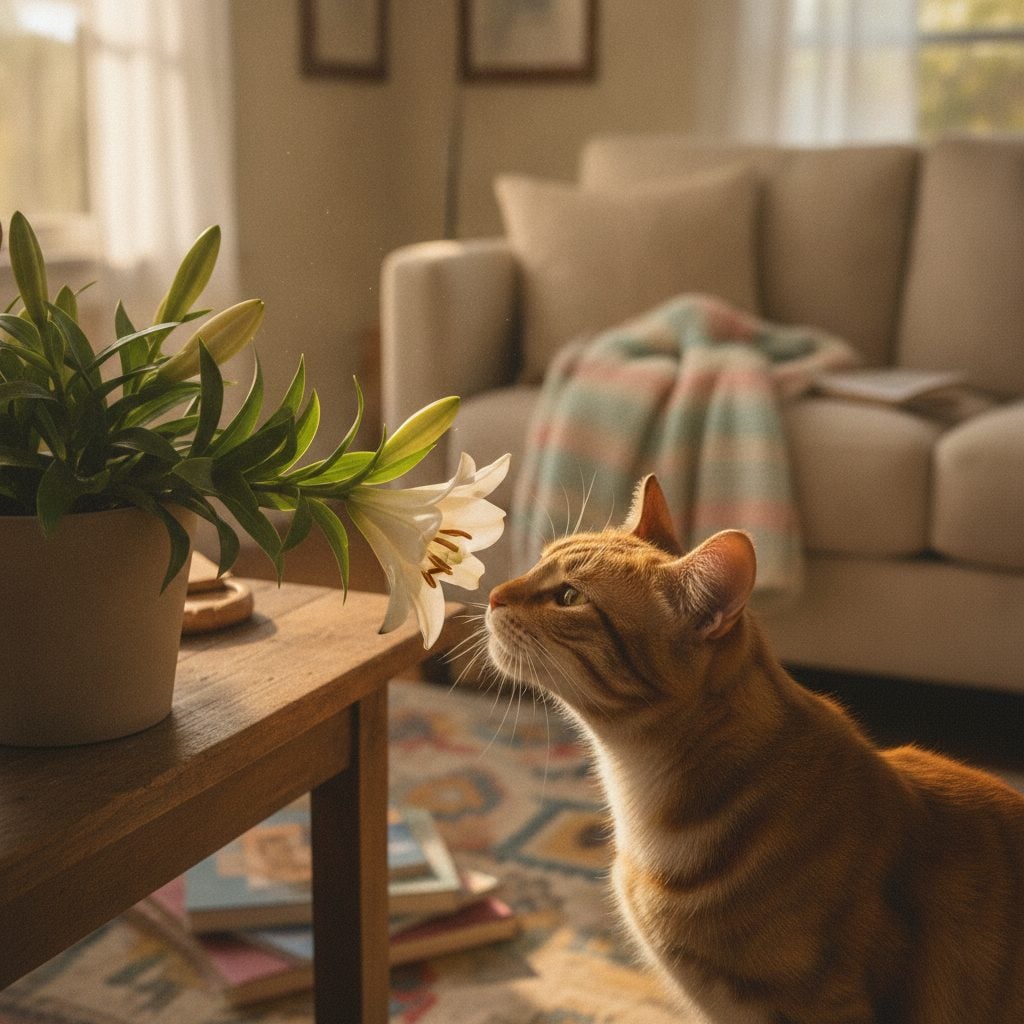 Striped house cat curiously sniffing a potted Easter lily plant in a sunny living room in soft afternoon light.
