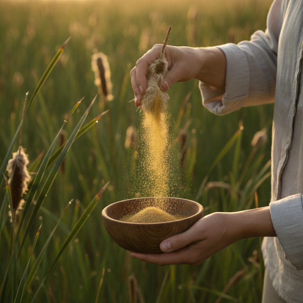 Bright yellow cattail pollen being shaken from a flowering head into a small bowl in soft midsummer morning light.