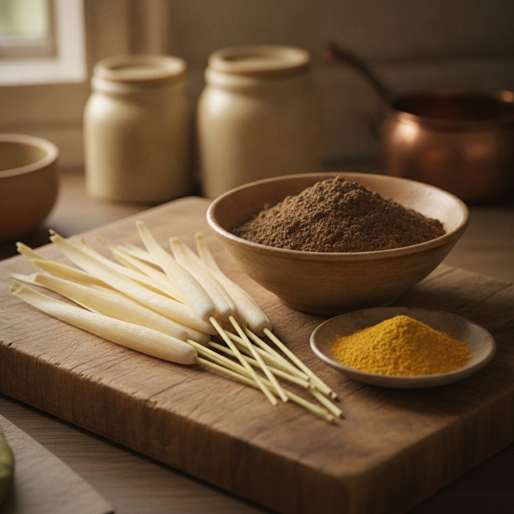 Wooden cutting board with peeled tender cattail shoots beside bowls of dark cattail rhizome flour and bright yellow cattail pollen.