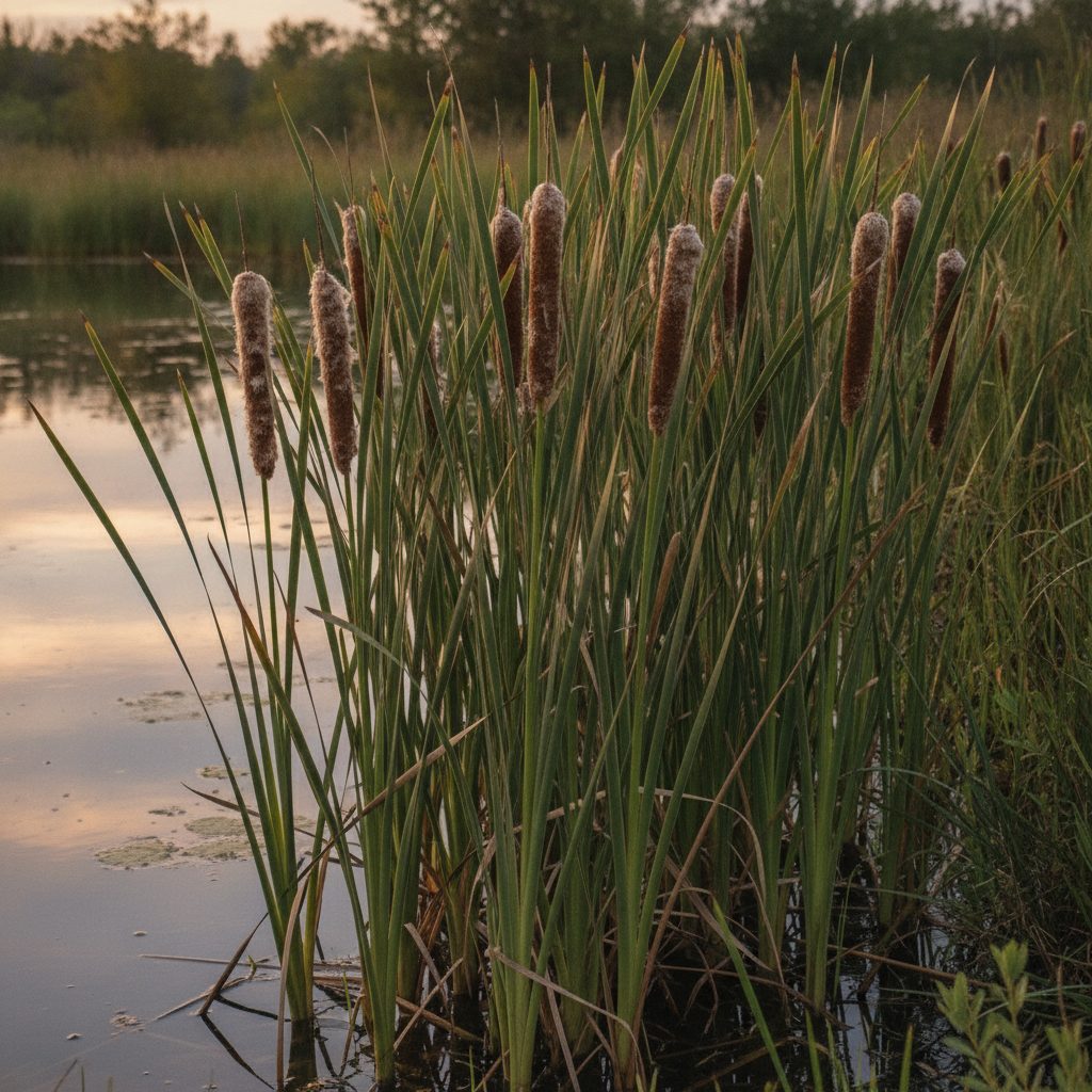 Dense stand of cattails with distinctive brown cigar-shaped flower spikes growing along the edge of a clean rural pond in late afternoon light.