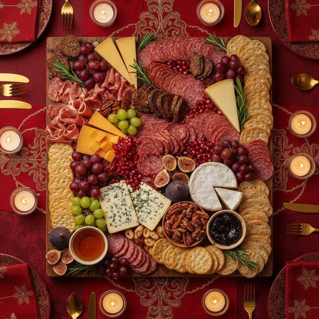 Loaded charcuterie board with meats cheeses fruits and crackers