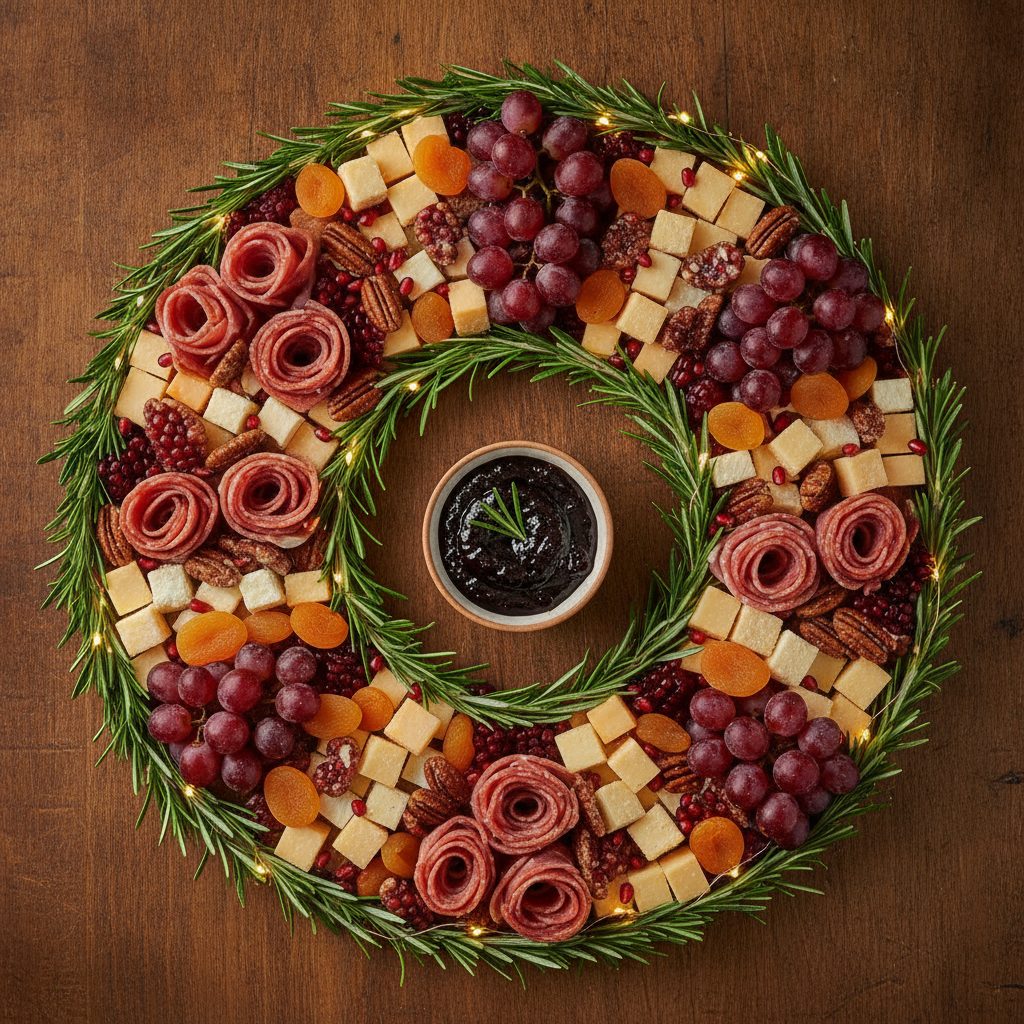 Charcuterie board arranged in the shape of a holiday wreath