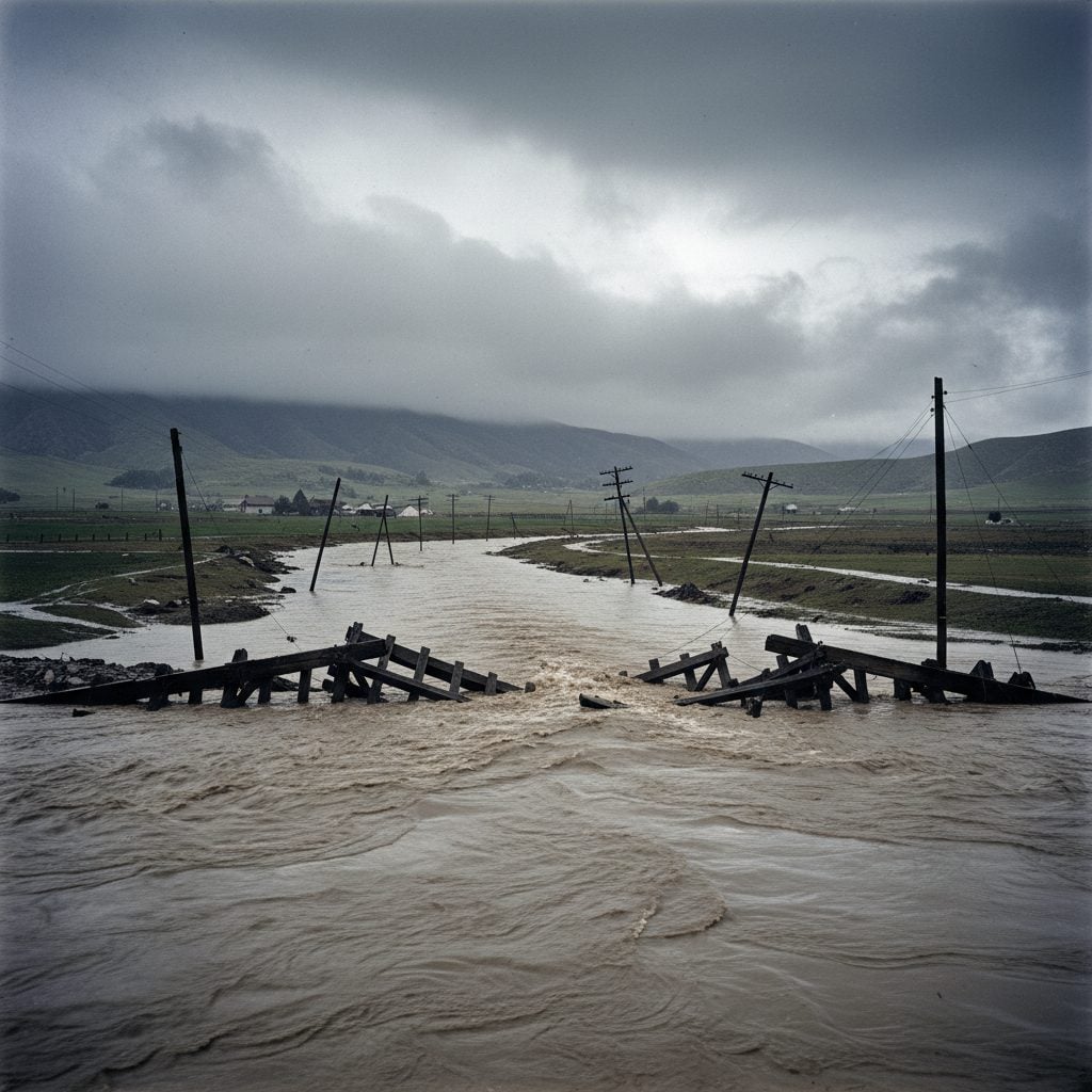 Flooded Southern California valley with collapsed bridge, illustrating the 1916 floods attributed to Charles Hatfield the rainmaker.