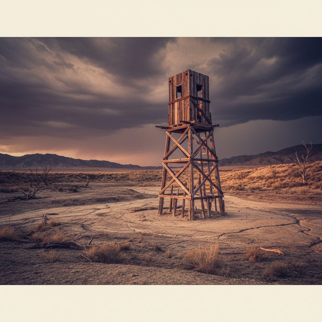 Wooden chemical-evaporation tower with thunderclouds gathering over a dry reservoir, evoking Charles Hatfield the rainmaker's 1916 setup.