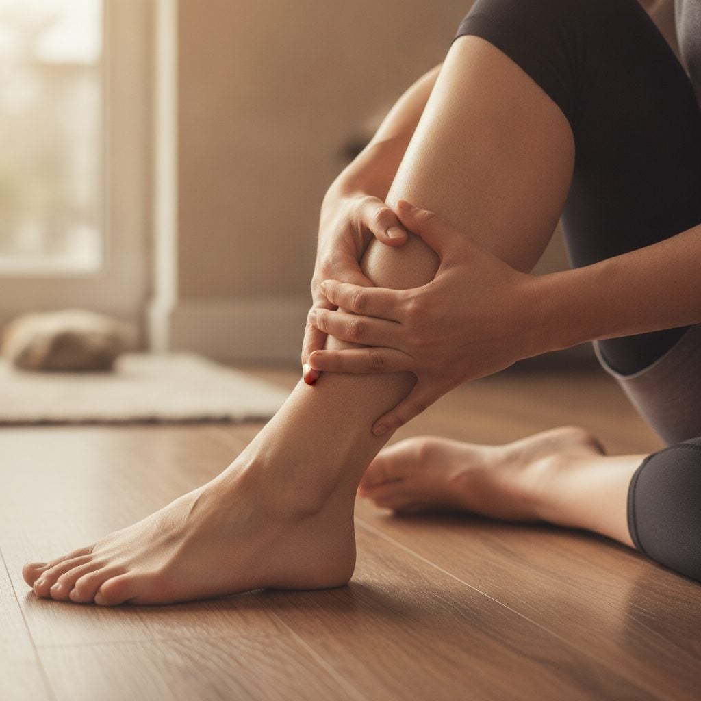 Hands gripping and massaging a tense calf to relieve a Charley horse leg cramp