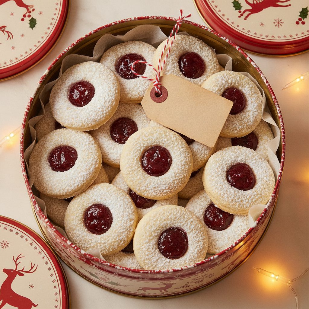 Cherry thumbprint cookies arranged in a holiday cookie tin
