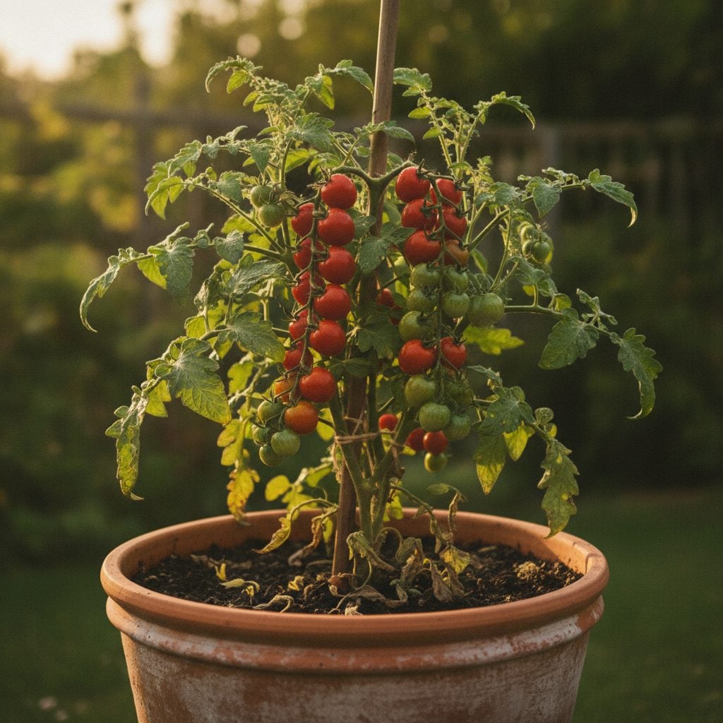 Healthy cherry tomato plant in a large terracotta pot with red and green fruits ripening on a small wooden stake in warm afternoon light.