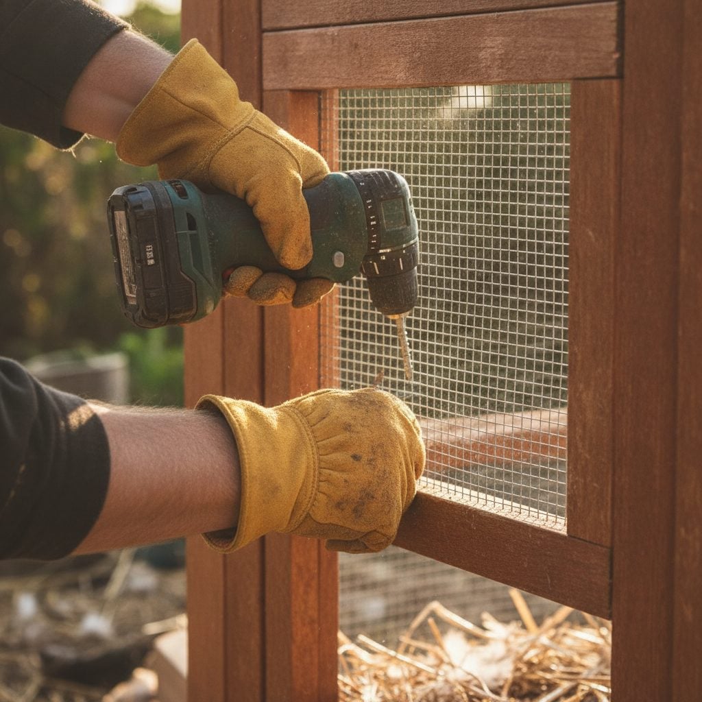 Gardener using a power drill to attach hardware cloth to the inside of a coop window frame in soft shed light.