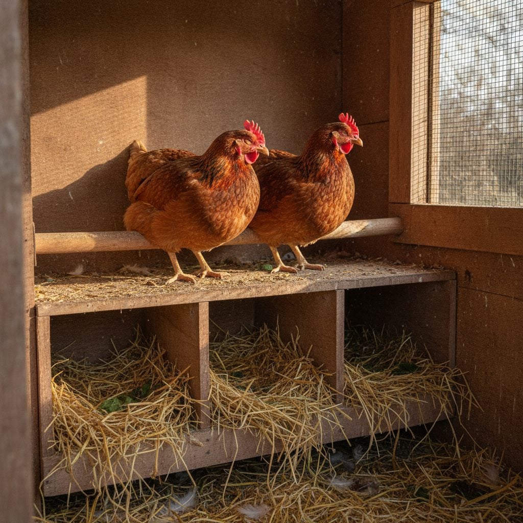 Inside view of a converted chicken coop showing three wooden nesting boxes with straw bedding and a roost bar above with two roosting hens.