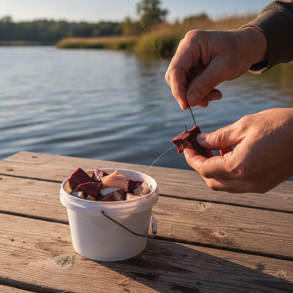 Hands baiting a fishhook with chicken liver beside a small bucket of cut bait on a sunny lake dock in late afternoon light.