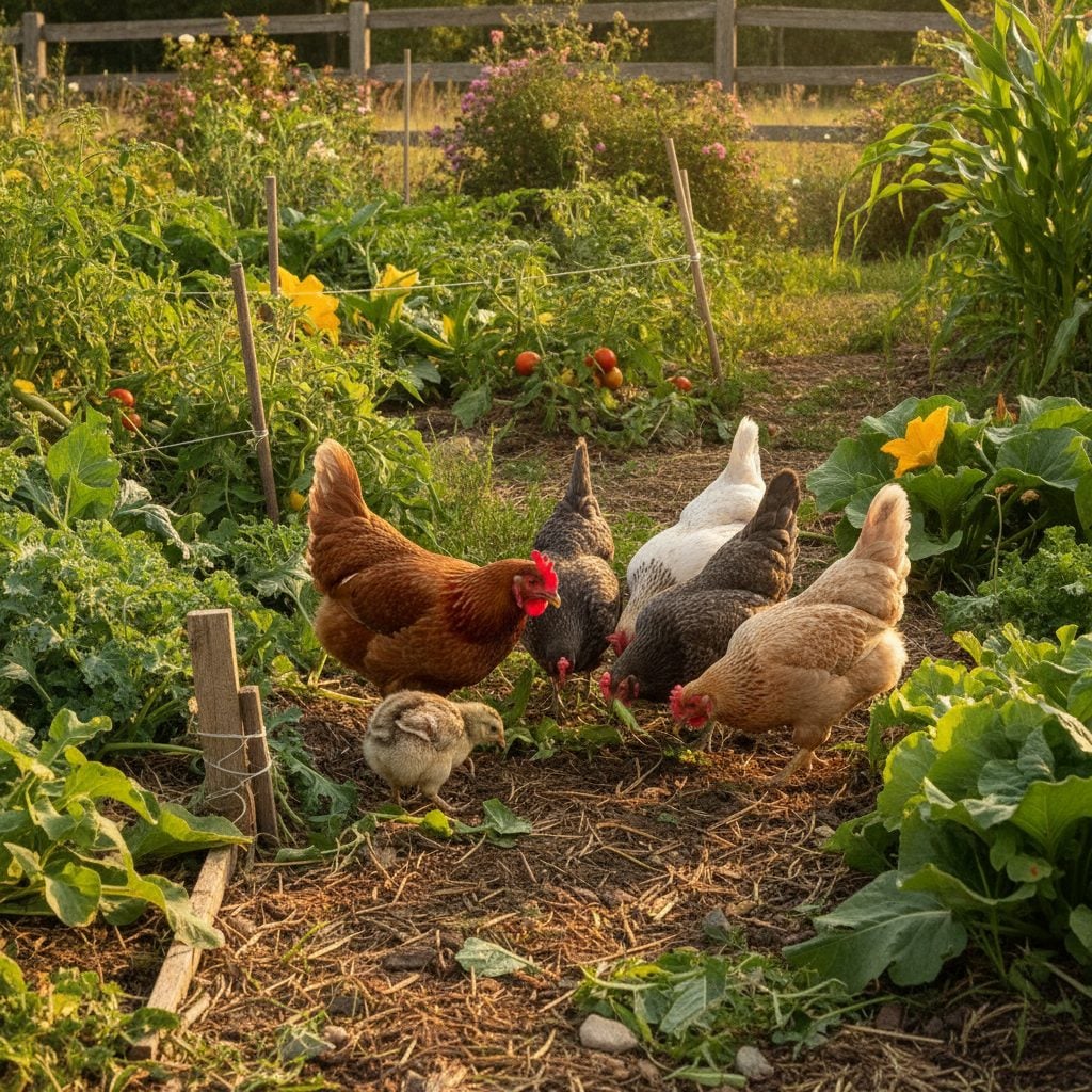Small flock of free-range backyard chickens scratching and pecking in a vegetable garden eating grasshoppers in summer morning light.