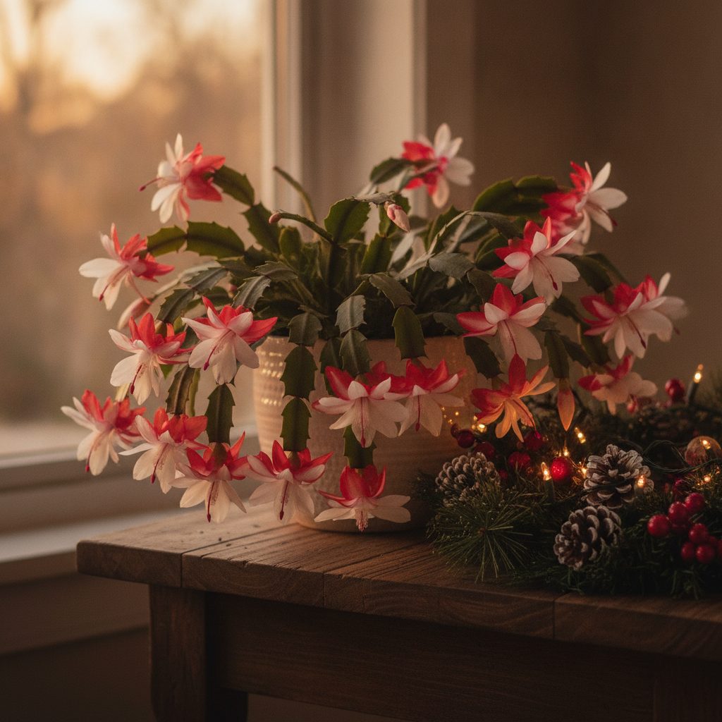 Christmas cactus in full bloom with soft red and white flowers and smooth rounded scalloped leaf edges on a wooden side table with holiday garland.