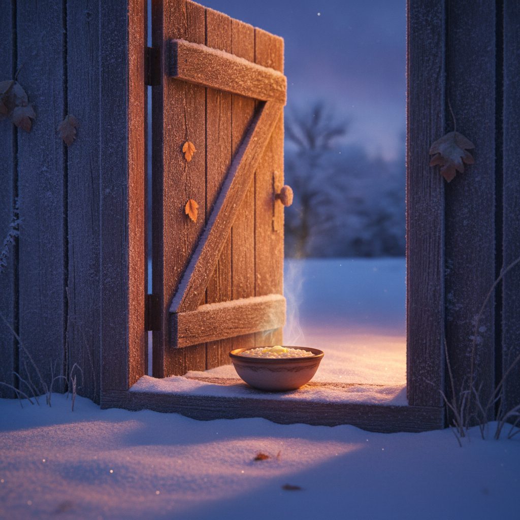 Small wooden barn doorway with a small bowl of porridge with butter set on the threshold at twilight with snow on the ground.