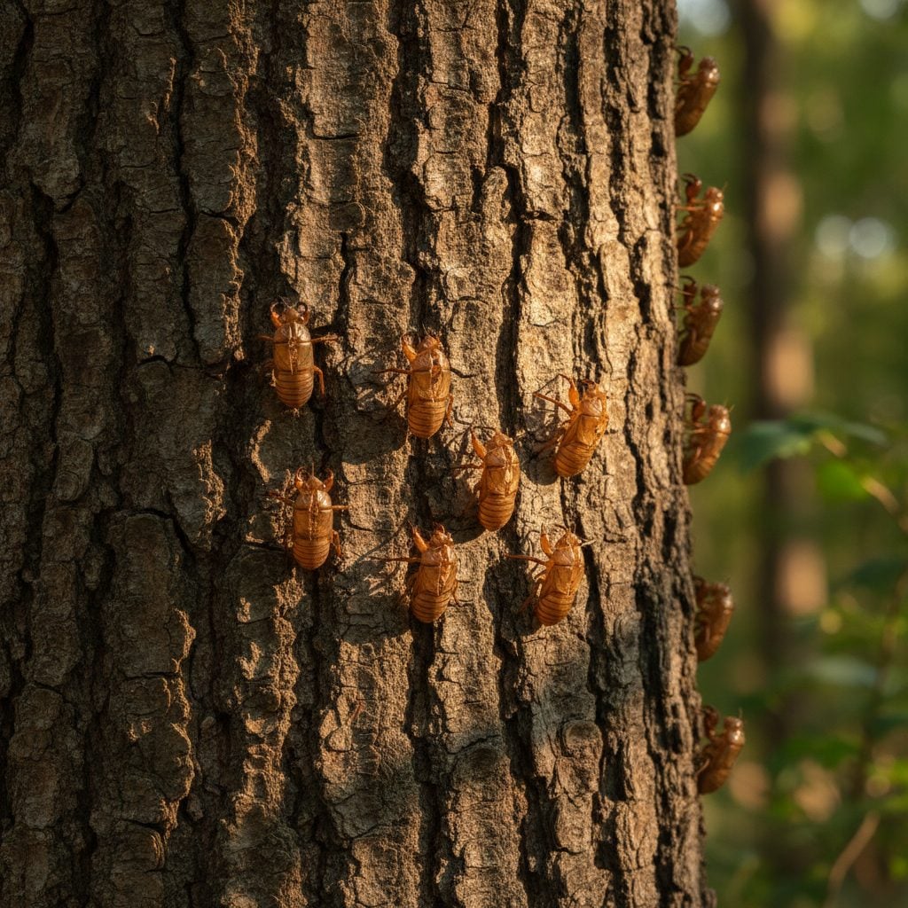 Dozens of brown cicada nymph shells clinging to the bark of a large oak tree in soft dappled forest light.