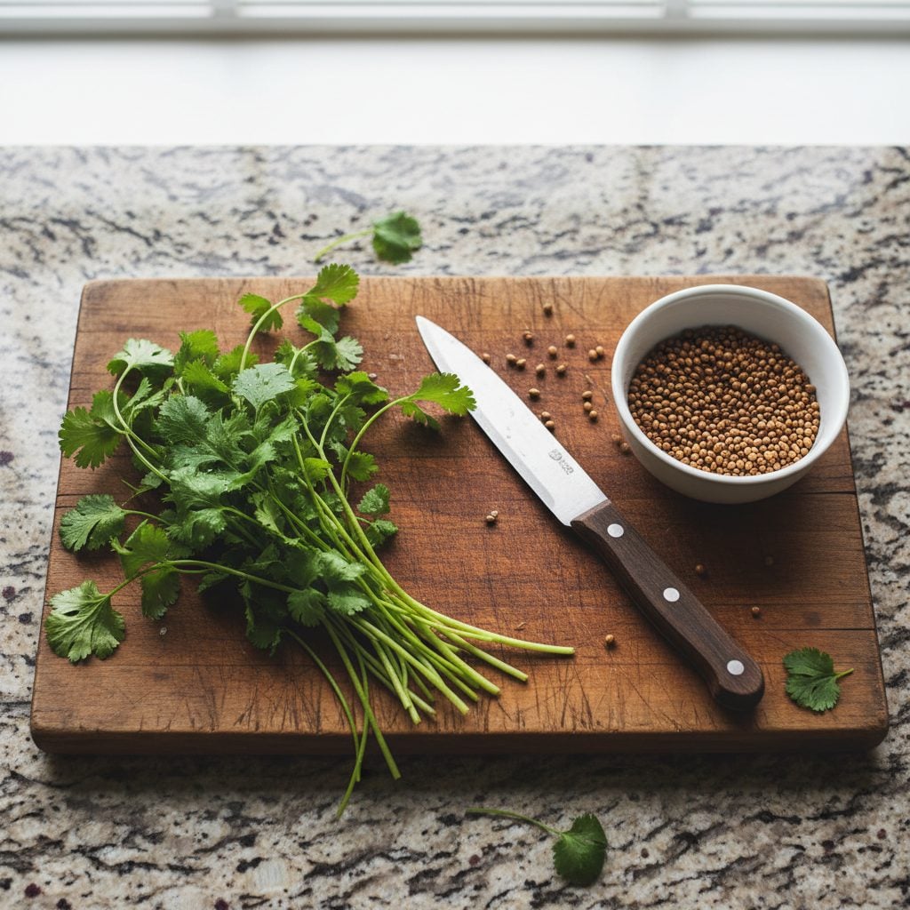 Fresh cilantro leaves next to a small bowl of dried coriander seeds on a wooden cutting board with a chef's knife between them