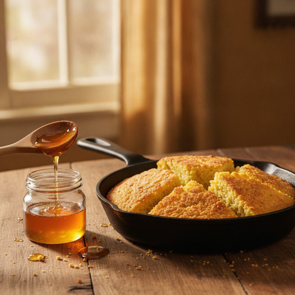 Sliced cornbread wedges in a cast-iron skillet
