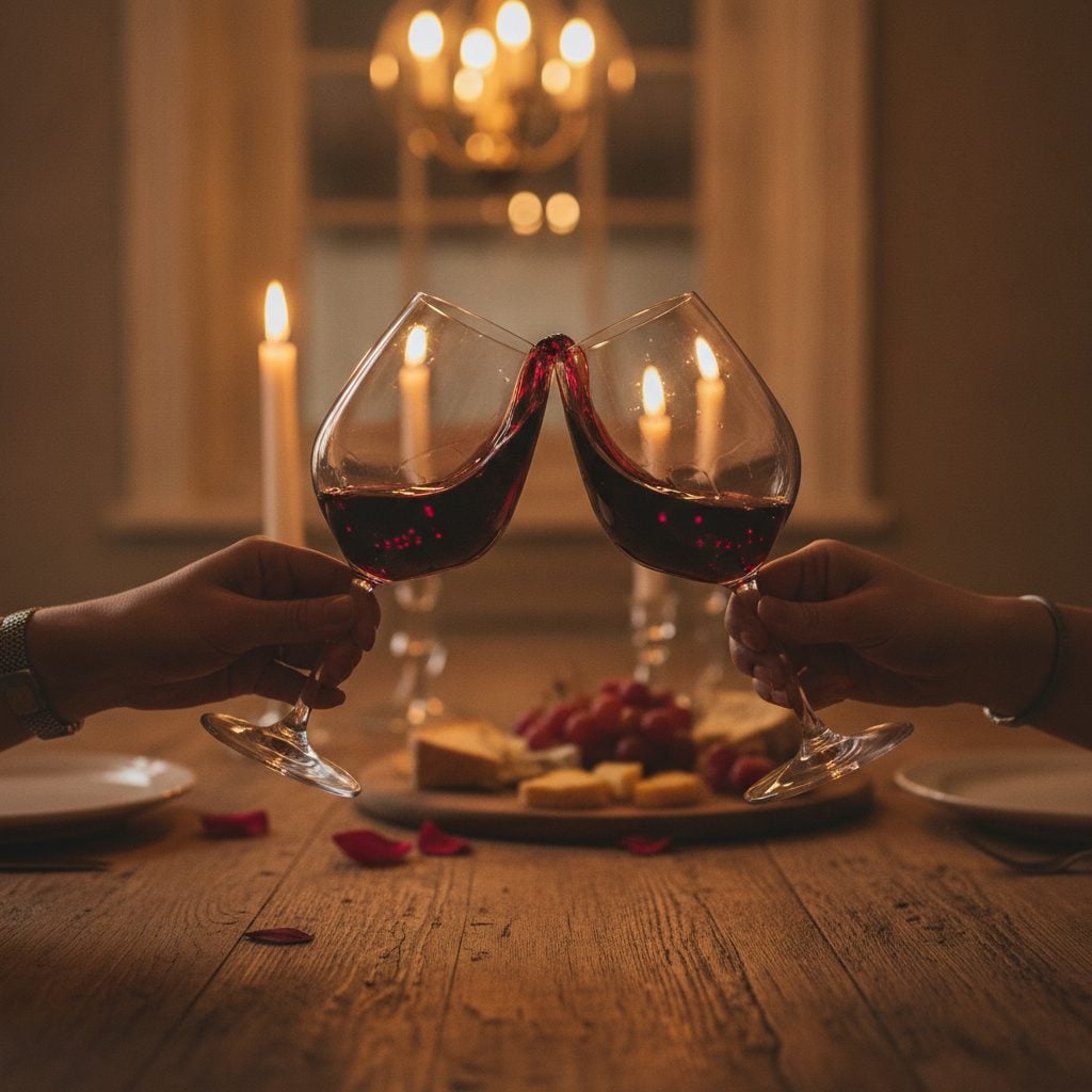 Two glasses of red wine being clinked together at a candlelit wooden dining table in warm golden ambient light.
