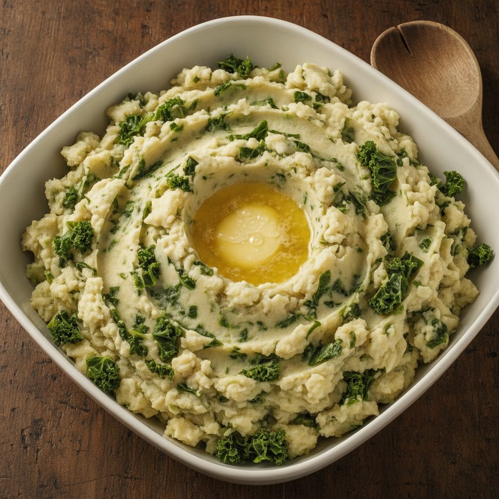 Bowl of Irish colcannon mashed potatoes with kale and a well of melted butter in the center