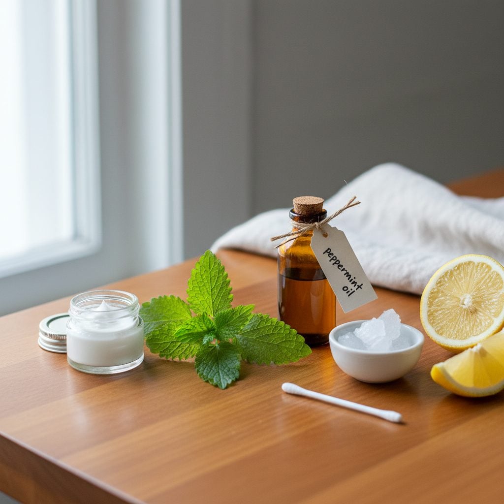 Natural cold sore remedies on a wooden counter: lemon balm sprig, peppermint oil dropper, ice cup, zinc cream, and sliced lemon
