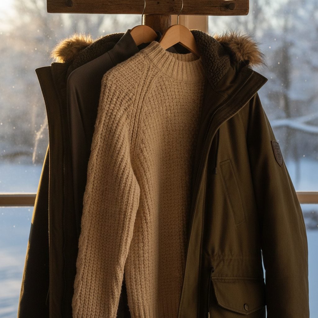 Cold-weather layering example: fitted base layer, insulating wool sweater, and heavy parka on a wooden coat rack in soft winter morning light.