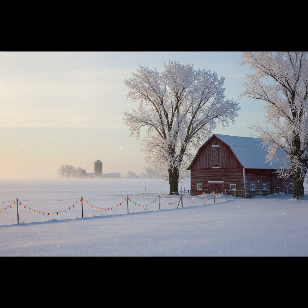 Snow-buried red barn at dawn with frosted fence and Christmas lights during the coldest Christmas ever, December 1983 Arctic outbreak.