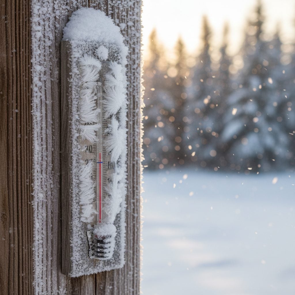 Frost-covered outdoor thermometer on a snowy porch reading sub-zero during the coldest Christmas ever in December 1983.
