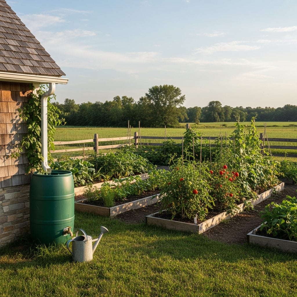 Backyard vegetable garden with a green rain barrel under a white downspout, the classic setup for collecting rainwater for the garden.