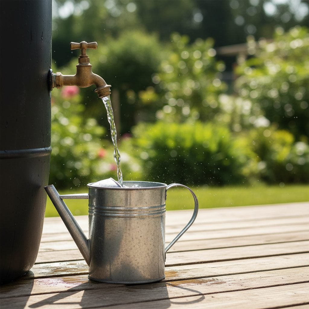Brass spigot on a rain barrel filling a galvanized watering can, showing the daily use of collected rainwater in the garden.