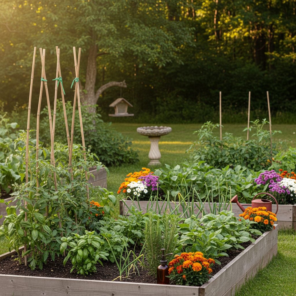 Backyard companion-planted vegetable garden with tomatoes, basil, marigolds, and rosemary used to combat garden pests naturally.