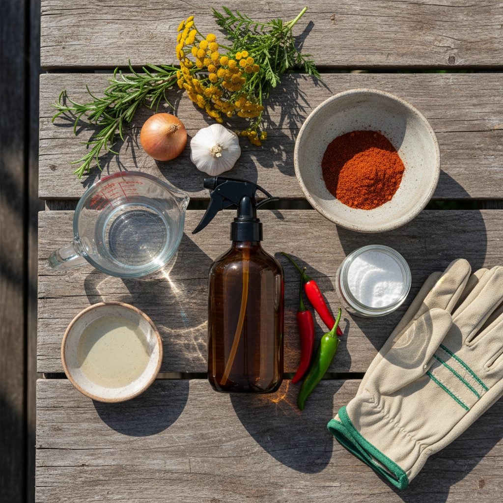 Homemade ingredients to combat garden pests naturally: cayenne, dish soap, diatomaceous earth, hot peppers, garlic, and tansy.
