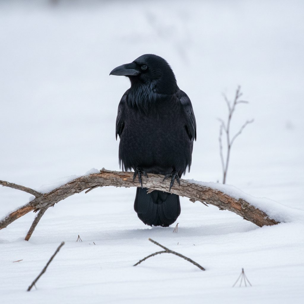 Glossy black common raven perched on a dead pine branch with snow on the ground in soft cool overcast winter light.