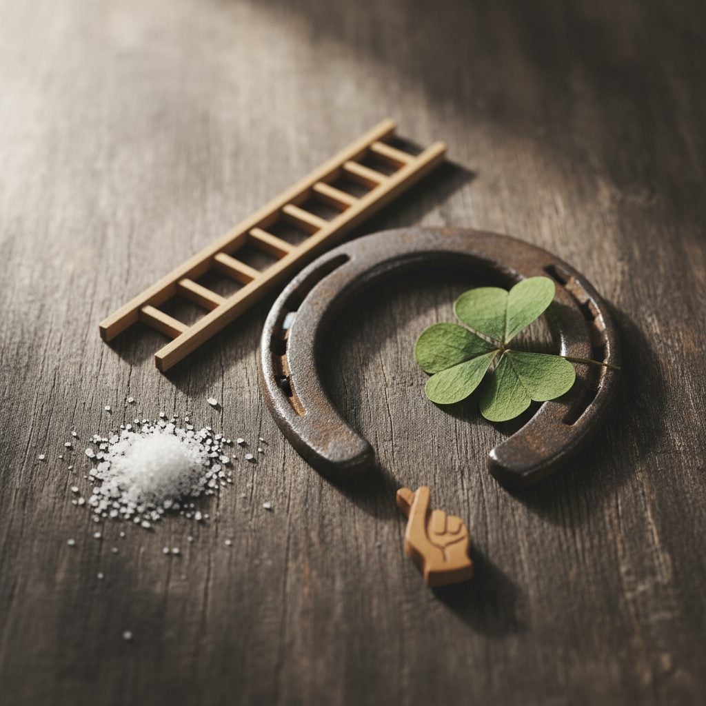 A rustic table arrangement of common superstition symbols including a horseshoe, clover, ladder, and spilled salt in warm light