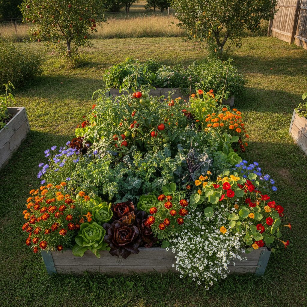 Thriving raised vegetable bed mixing tomatoes and kale with bright orange marigolds, red nasturtiums, blue calendula, and white alyssum.