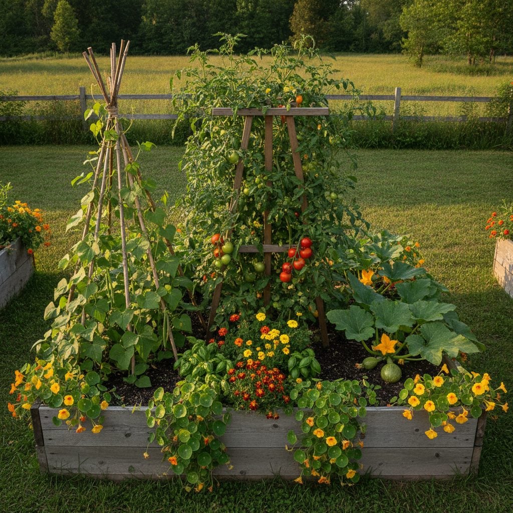 Overhead view of a thriving companion planting vegetable garden with tomatoes, basil, marigolds, beans, squash, and nasturtium growing together.