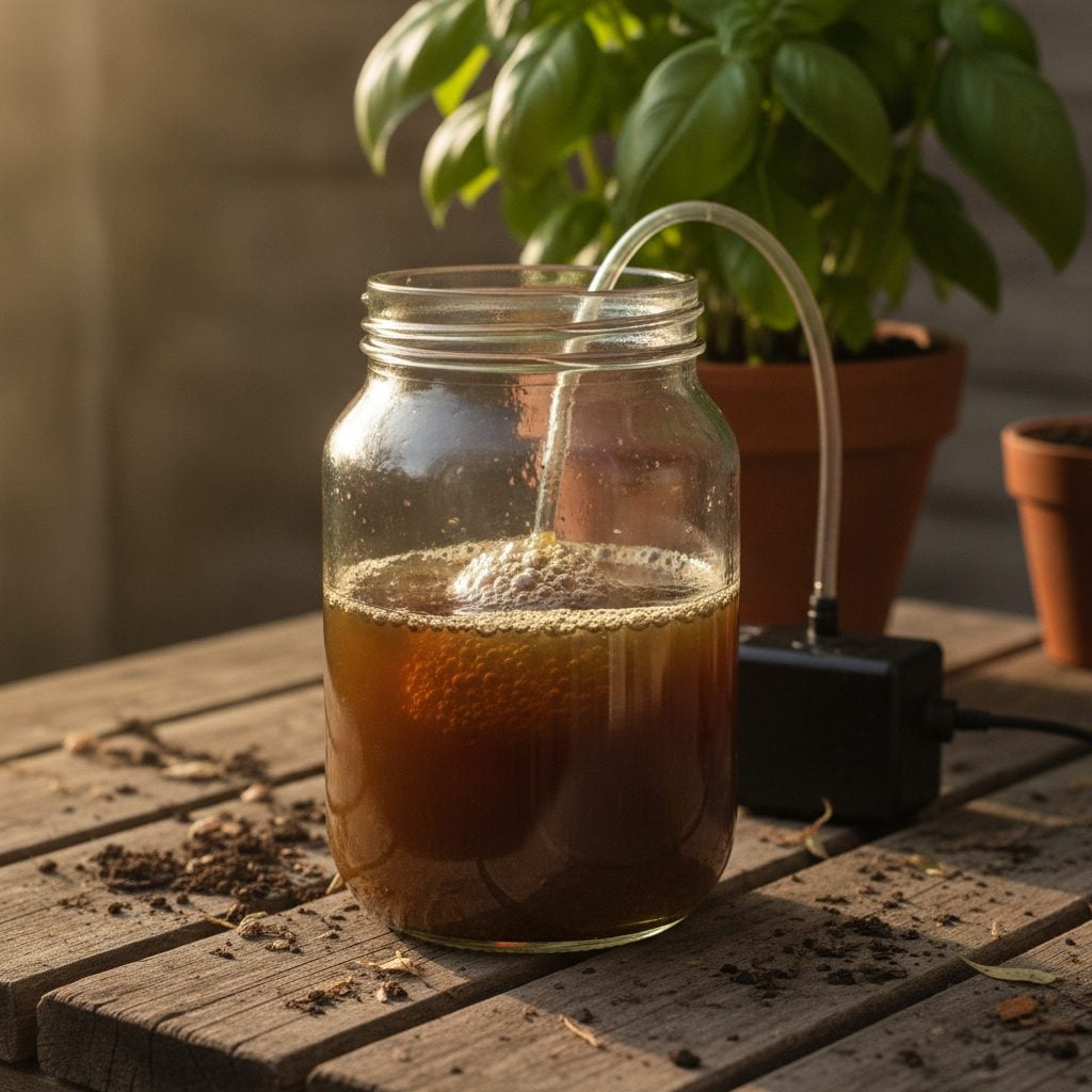 Glass jar of dark rich compost tea being aerated by a small aquarium pump bubbler on a wooden potting bench with a healthy basil plant in the background.