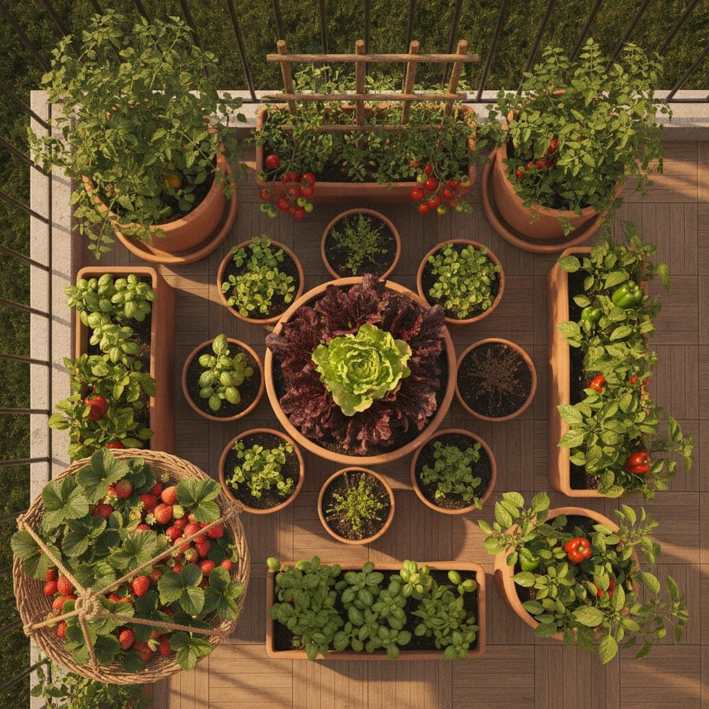 Sunny balcony container garden filled with terracotta pots growing lettuce, basil, cherry tomatoes on a small trellis, peppers, and strawberries in a hanging basket.
