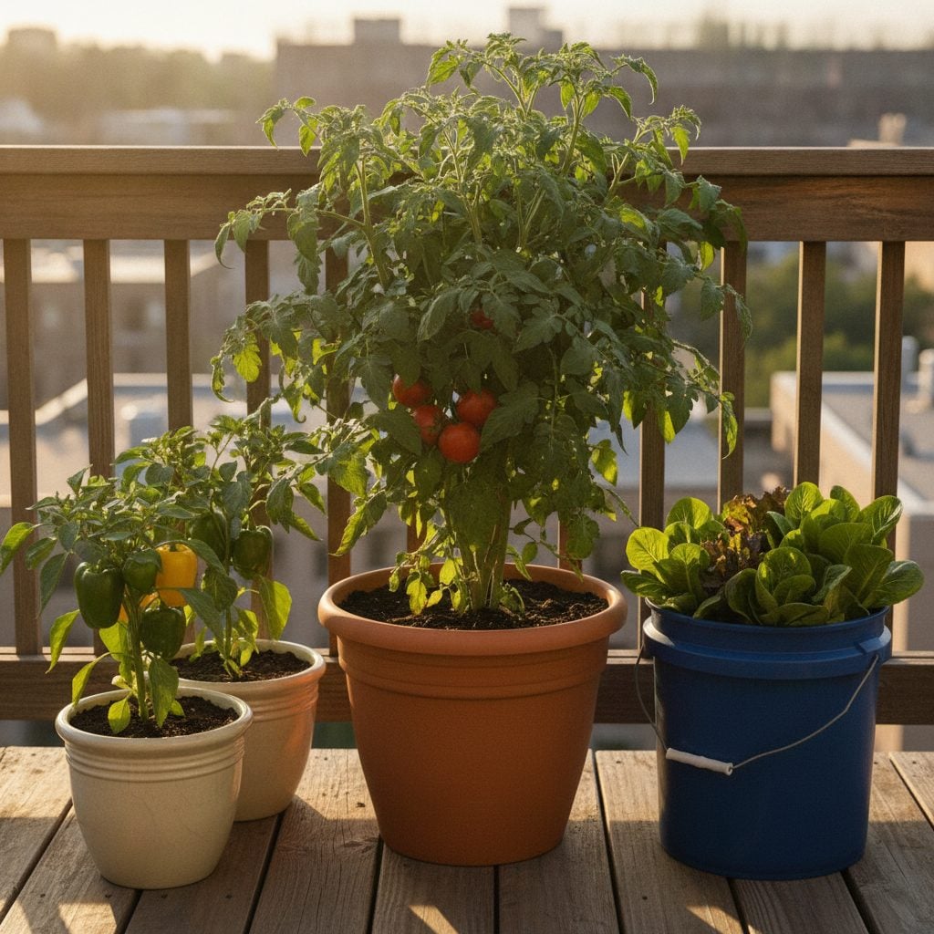 Balcony container gardening with tomatoes, peppers, and lettuce in terracotta and ceramic pots on a sunny patio
