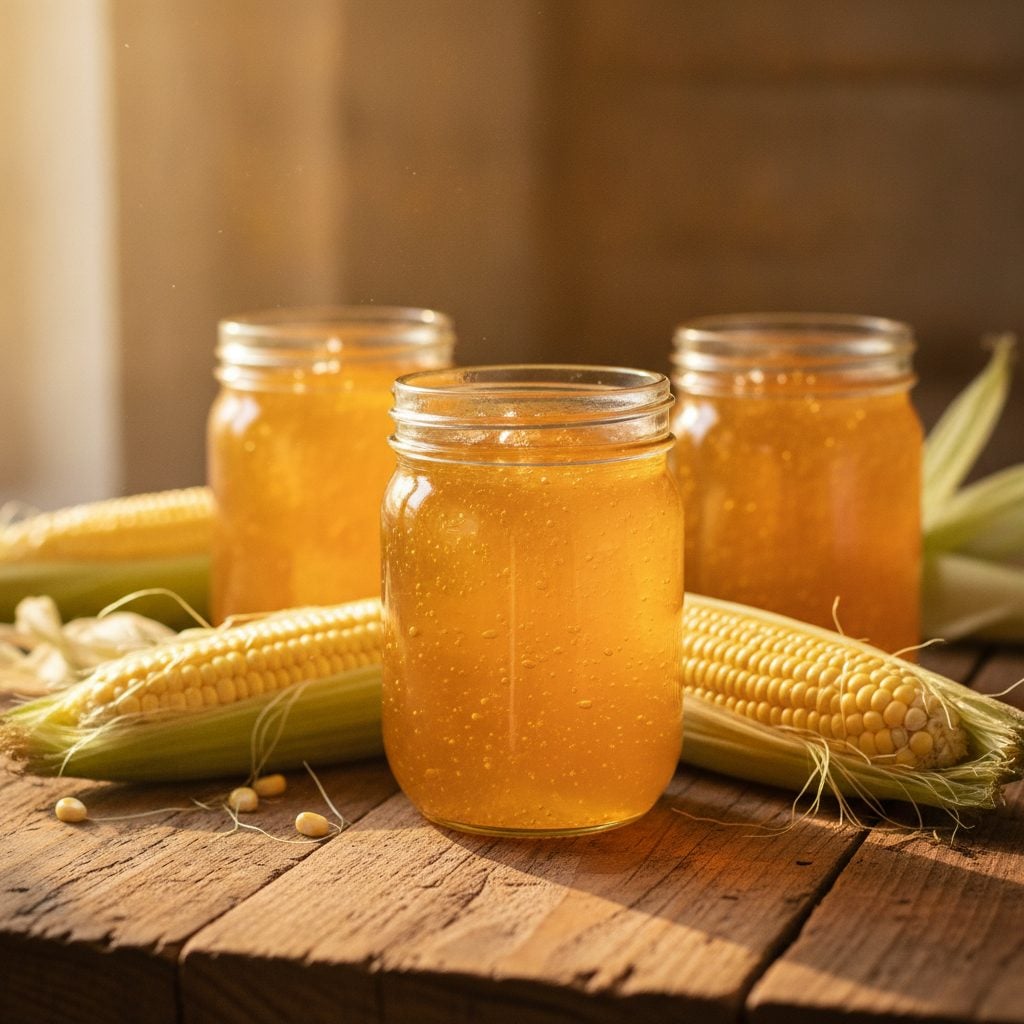 Jars of golden corncob jelly with fresh corn cobs and silk husks on a wooden table