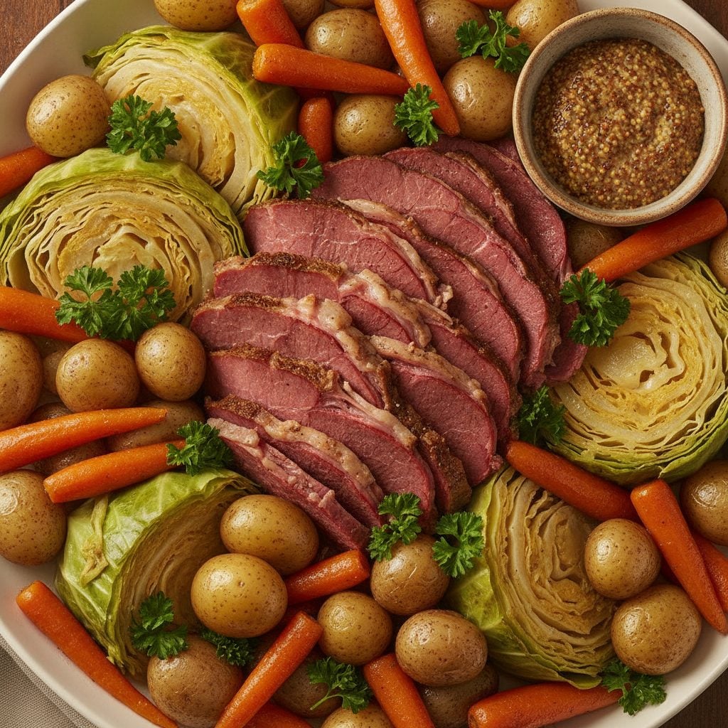 Sliced corned beef brisket with cabbage wedges potatoes and carrots on a serving platter with mustard