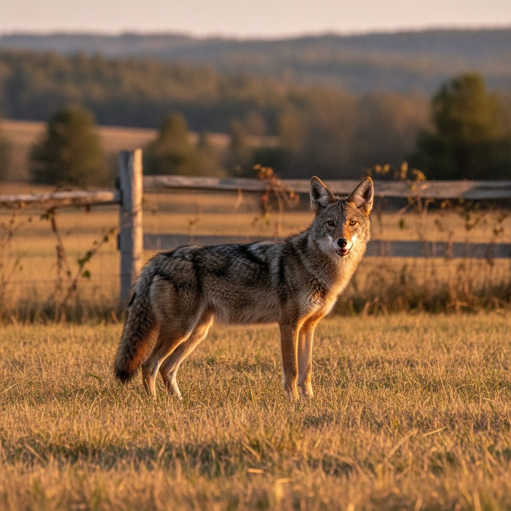 A wild coyote standing alert in a dry grass field beside a wooden farm fence in a rural North American landscape