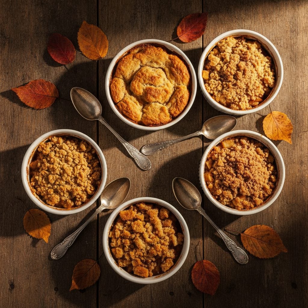 Five apple desserts side by side: crisp, crumble, cobbler, brown betty, and buckle in white ramekins on an autumn table