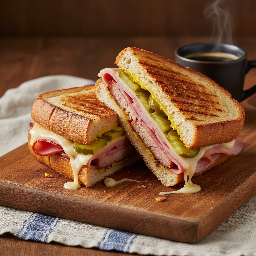Pressed Cuban sandwich cut in half on a wooden board showing glazed ham, lechon asado pork, melted Swiss cheese, dill pickles, and yellow mustard on golden Cuban bread with a small Cuban coffee beside it