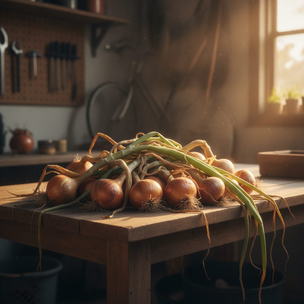 Harvested onion bulbs with tops still attached drying on a wooden table in a sunny garage in warm afternoon light.