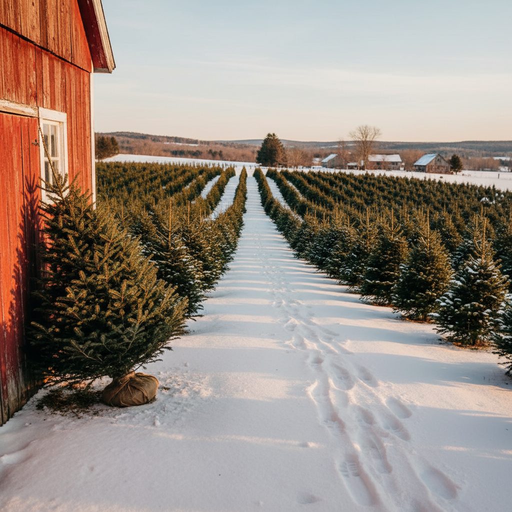 Family carrying a freshly cut Fraser fir at a snowy New England Christmas tree farm where you can cut your own Christmas tree