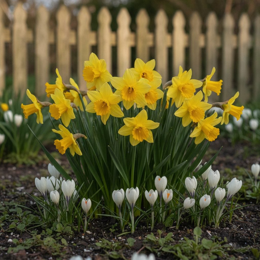 Bright yellow daffodils blooming with white crocuses in an early April garden bed in soft morning light.