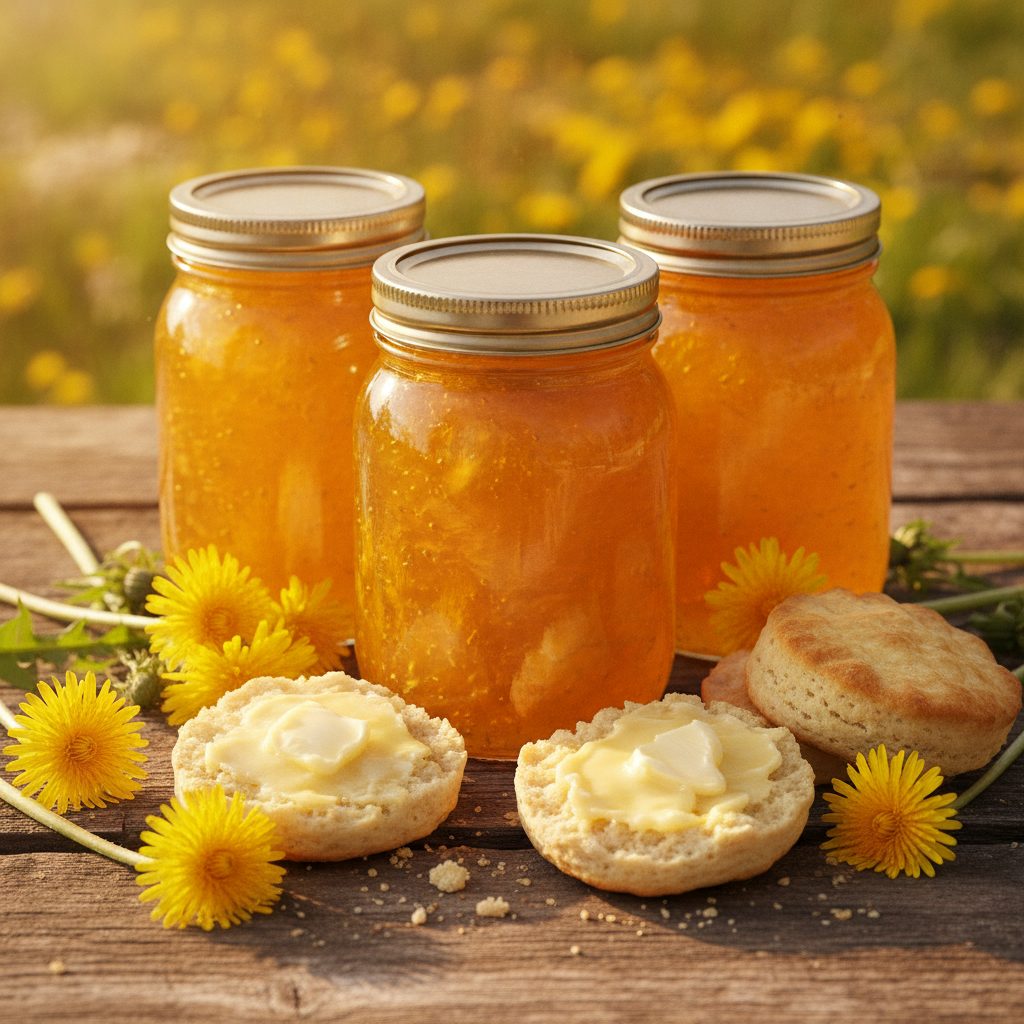Jars of golden dandelion jelly with fresh yellow blossoms and buttered biscuits on a wooden table