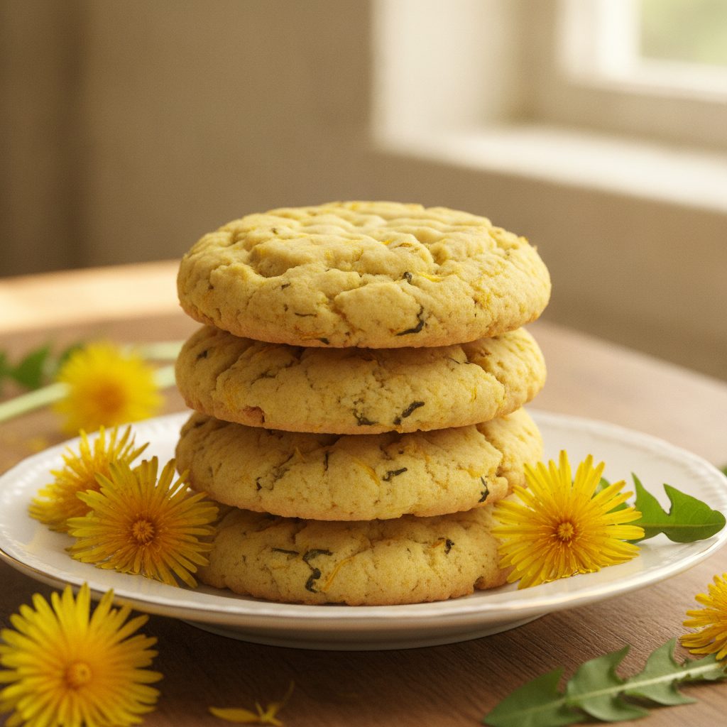 Stack of dandelion shortbread cookies with bright yellow petal flecks and fresh dandelion blossoms beside them