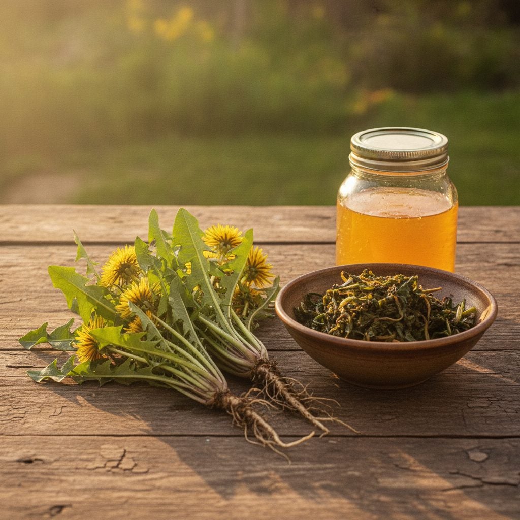 Fresh dandelion plants with whole greens and blossoms beside sautéed greens and a jar of dandelion jelly